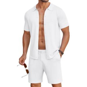 COOFANDY Men’s 2 Piece Outfits Sets Casual Short Sleeve Button Down Knit Shirt and Shorts Sets Summer Beach Outfits(White)