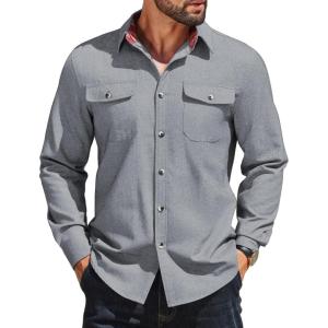 COOFANDY Men’s Casual Button Down Shirt Fall Long Sleeve Work Western Cowboy Shirts with Pockets,Plaid Cuffs(Solid-grey Heather)
