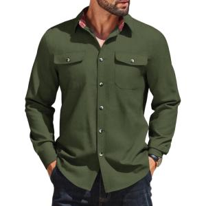 COOFANDY Men’s Casual Button Down Shirt Fall Long Sleeve Work Western Cowboy Shirts with Pockets,Plaid Cuffs(Solid-olive Green)