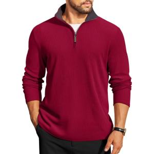COOFANDY Mens Quarter Zip Pullover Lightweight Sweater Casual Long Sleeve Corduroy Half Zip Sweatshirt(Red)