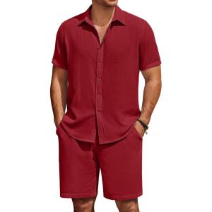 COOFANDY Mens Summer Beach 2 Piece Outfits Casual Vacation Cotton Linen Yoga Matching Set Short Sleeve Shirt and Shorts(Scarlet Sage)
