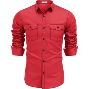 COOFANDY Mens Western Cowboy Shirts Cotton Long Sleeve Shirts with Two Pockets Embroidered(Red)