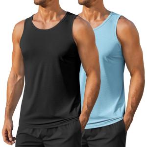 COOFANDY Men’s Workout Tank Tops UPF 50+ Sleeveless Gym Muscle Shirts Cooling Quick Dry Bodybuilding Tanks for Swim Beach(Black/Light Blue)