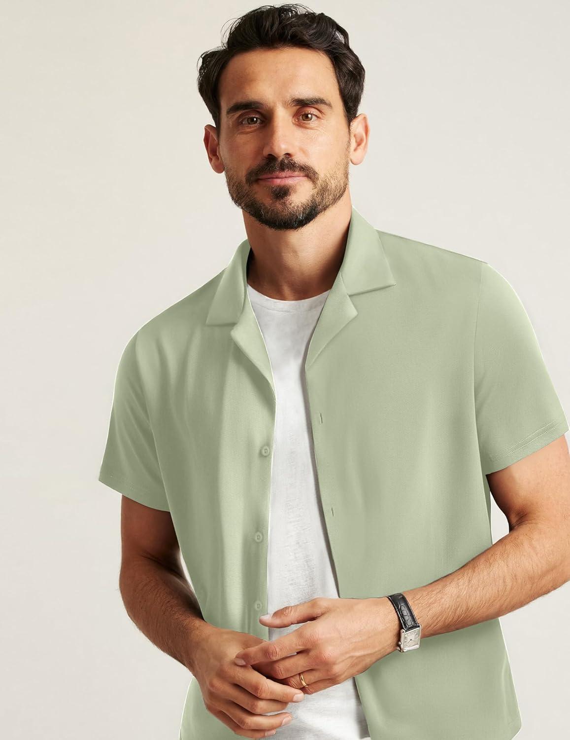imageCOOFANDY Mens Casual Shirts Short Sleeve Button Down Shirts Wrinkle Free Summer ShirtLight Green
