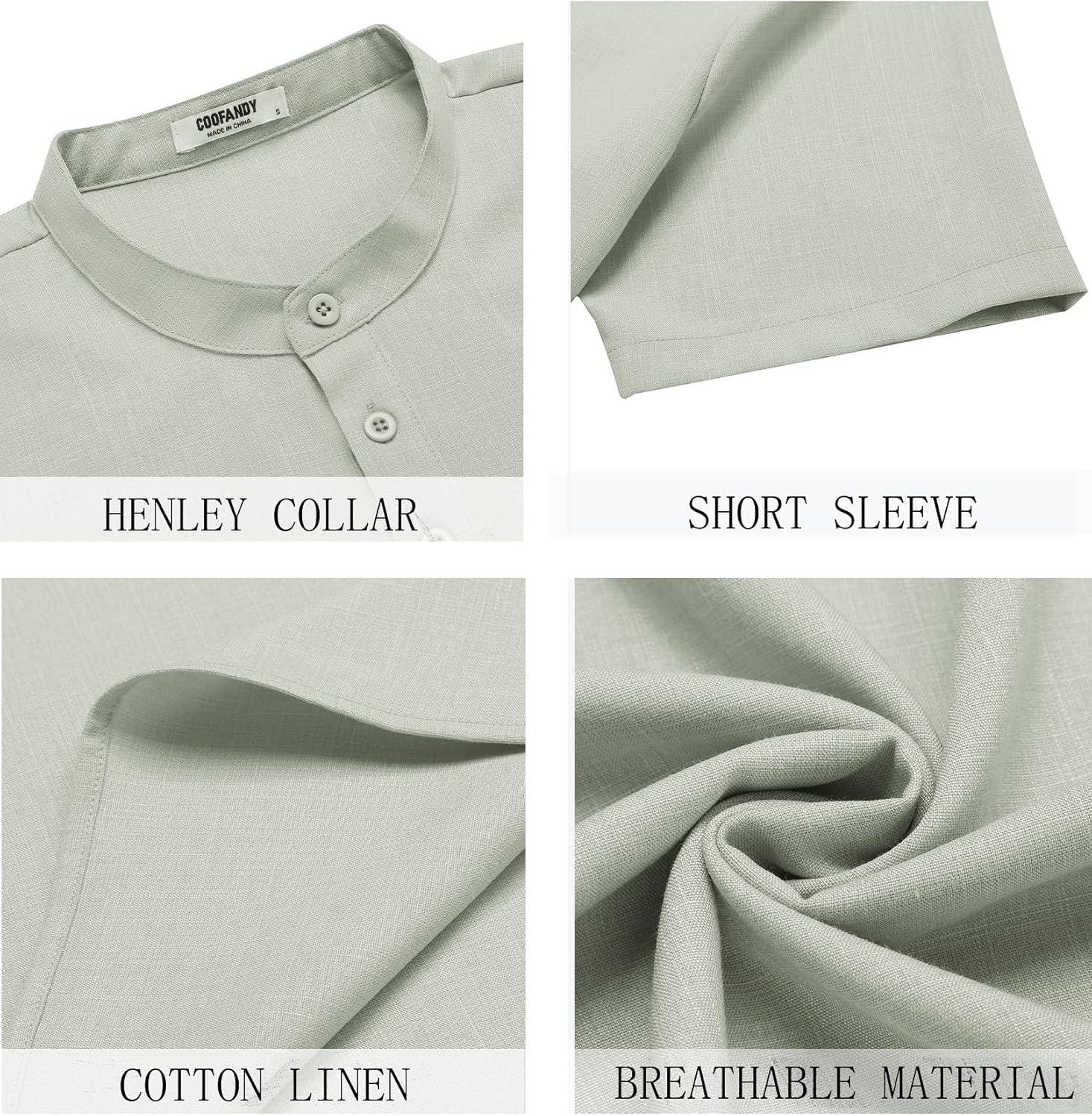 imageCOOFANDY Mens Short Sleeve Henley Shirts Casual Collarless Shirt Band Collar Henley Summer Beach Henley TShirtLight Green