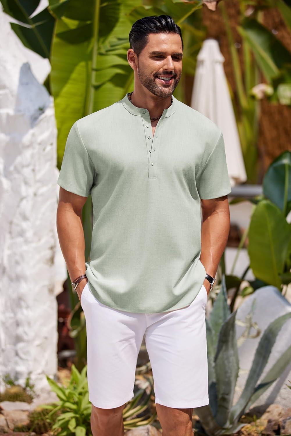 imageCOOFANDY Mens Short Sleeve Henley Shirts Casual Collarless Shirt Band Collar Henley Summer Beach Henley TShirtLight Green