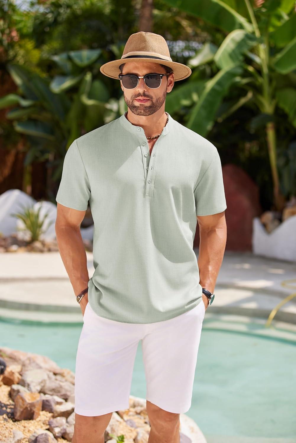 imageCOOFANDY Mens Short Sleeve Henley Shirts Casual Collarless Shirt Band Collar Henley Summer Beach Henley TShirtLight Green