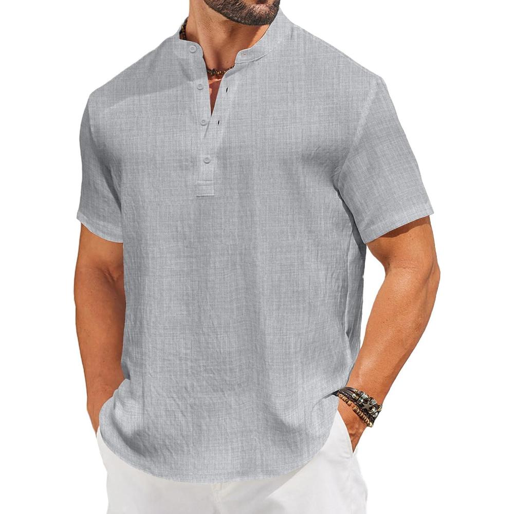 imageCOOFANDY Mens Casual Henley Shirt Short Sleeve Linen Shirt Band Collar Summer Hippie Beach TShirtsGrey