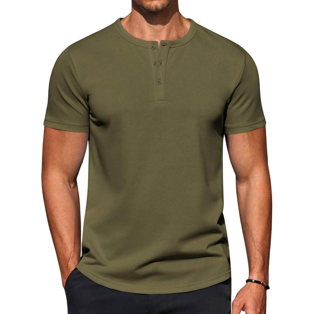 imageCOOFANDY Mens Casual Henley TShirts Summer Short Sleeve Cotton Shirts Basic Button Tee TopsArmy Green