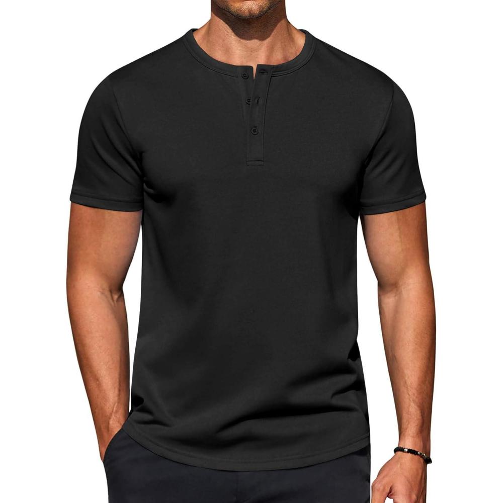 imageCOOFANDY Mens Casual Henley TShirts Summer Short Sleeve Cotton Shirts Basic Button Tee TopsBlack