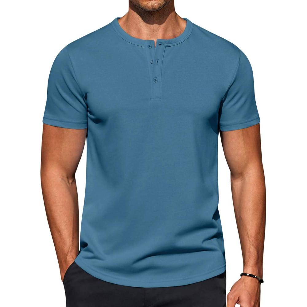 imageCOOFANDY Mens Casual Henley TShirts Summer Short Sleeve Cotton Shirts Basic Button Tee TopsCaptains Blue