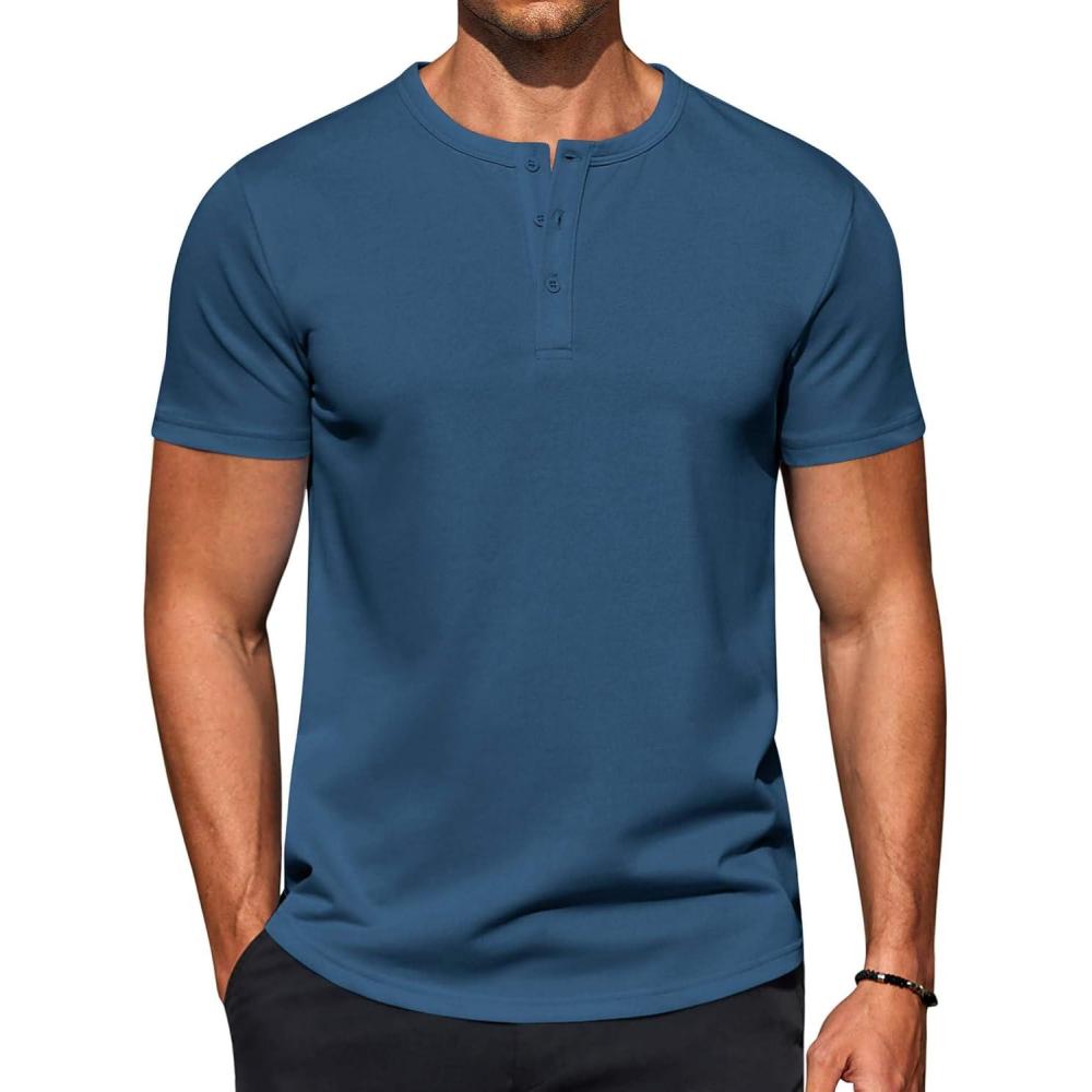 imageCOOFANDY Mens Casual Henley TShirts Summer Short Sleeve Cotton Shirts Basic Button Tee TopsDark Blue