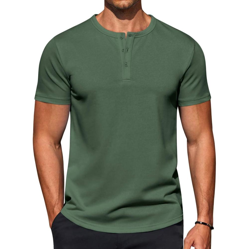imageCOOFANDY Mens Casual Henley TShirts Summer Short Sleeve Cotton Shirts Basic Button Tee TopsDark Green