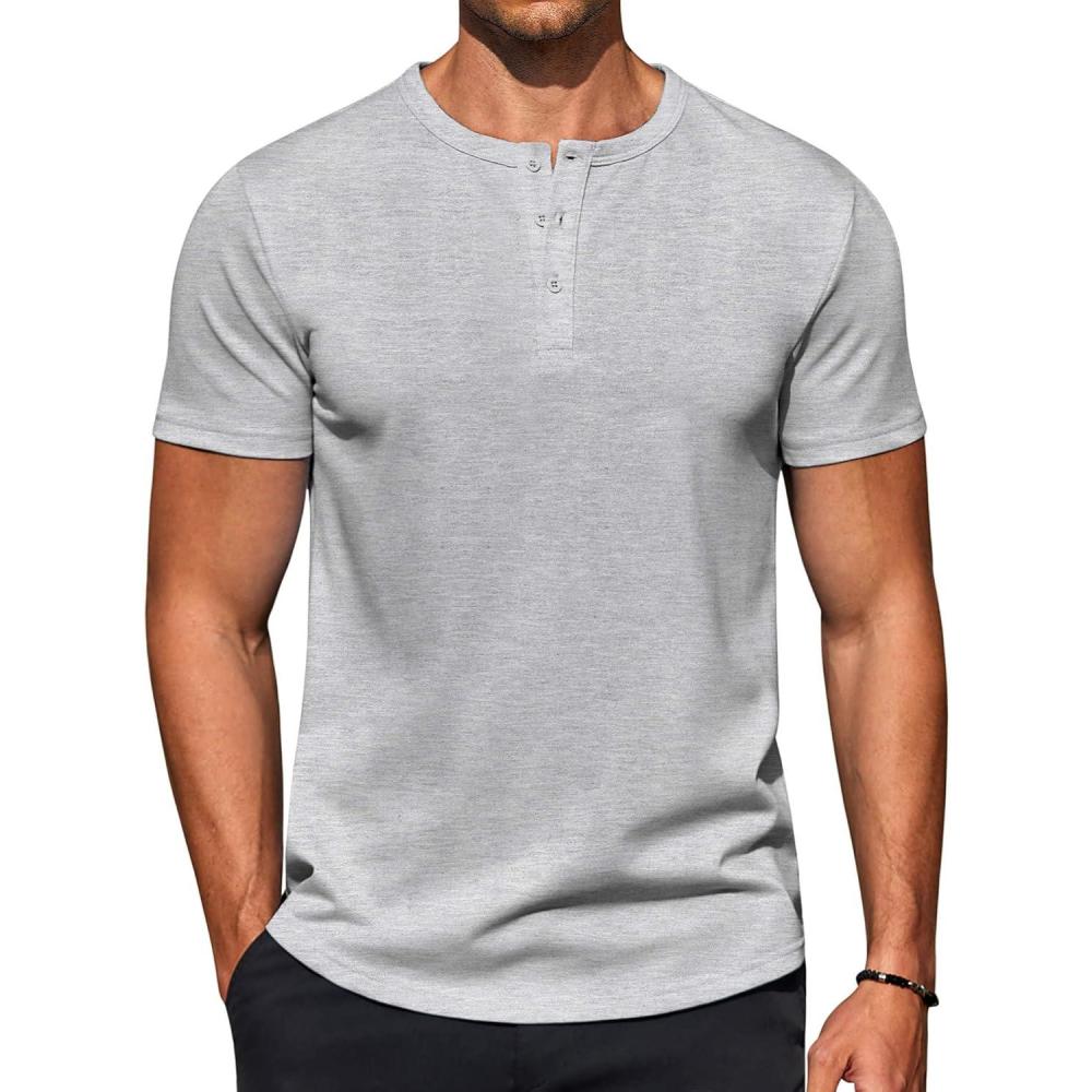 imageCOOFANDY Mens Casual Henley TShirts Summer Short Sleeve Cotton Shirts Basic Button Tee TopsGrey