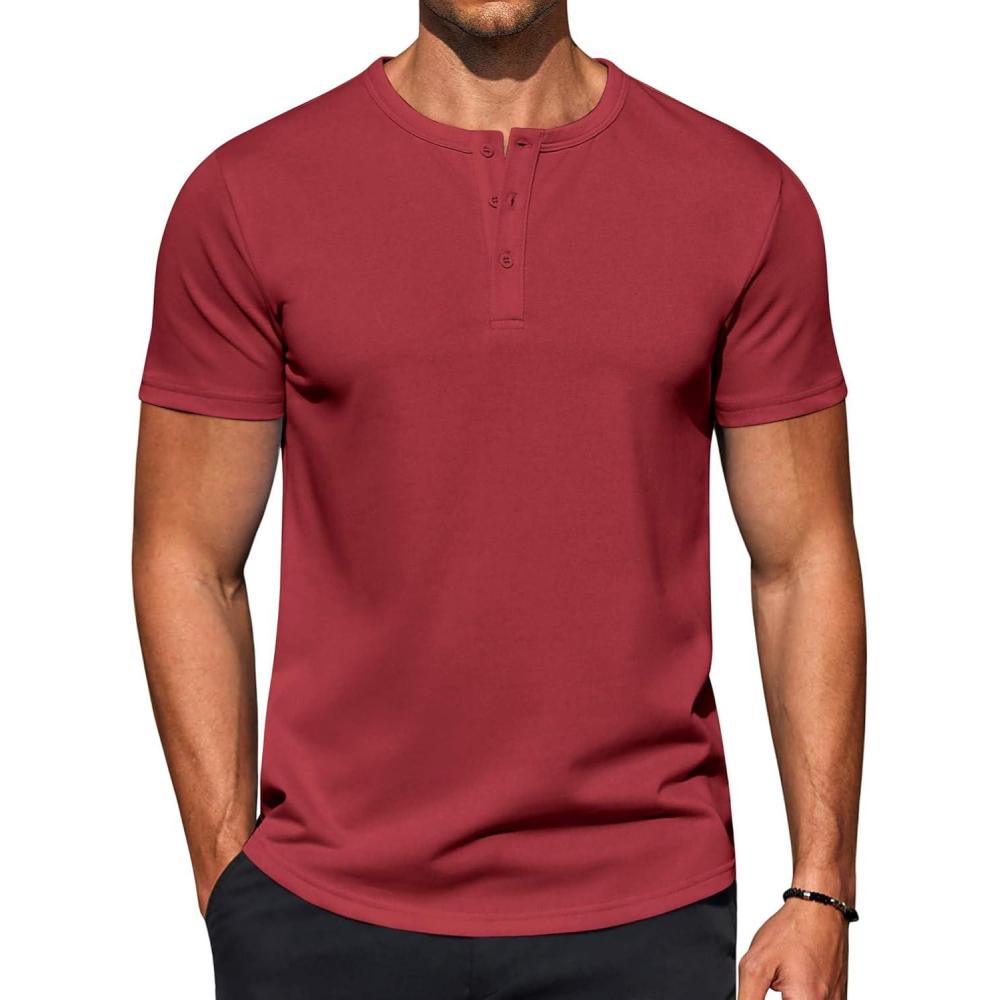 imageCOOFANDY Mens Casual Henley TShirts Summer Short Sleeve Cotton Shirts Basic Button Tee TopsWine Red