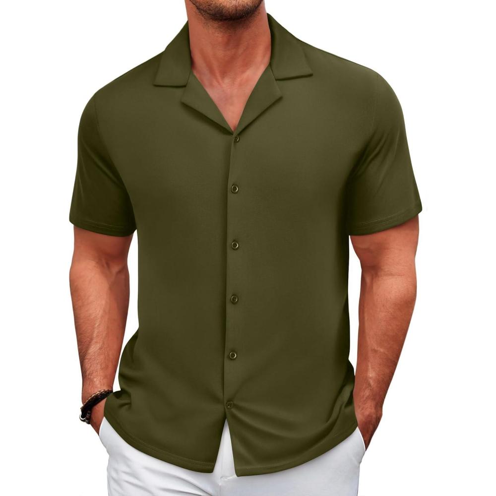 imageCOOFANDY Mens Casual Shirts Short Sleeve Button Down Shirts Wrinkle Free Summer ShirtArmy Green
