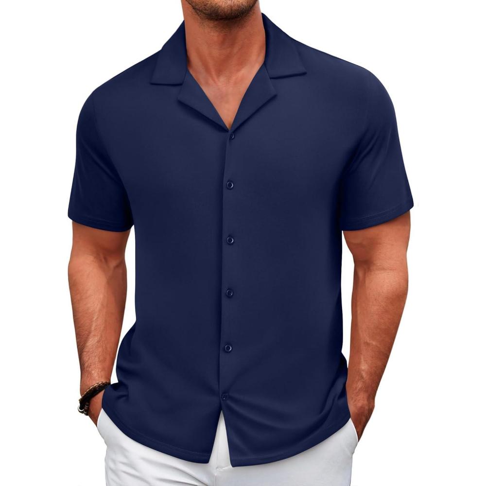imageCOOFANDY Mens Casual Shirts Short Sleeve Button Down Shirts Wrinkle Free Summer ShirtNavy Blue