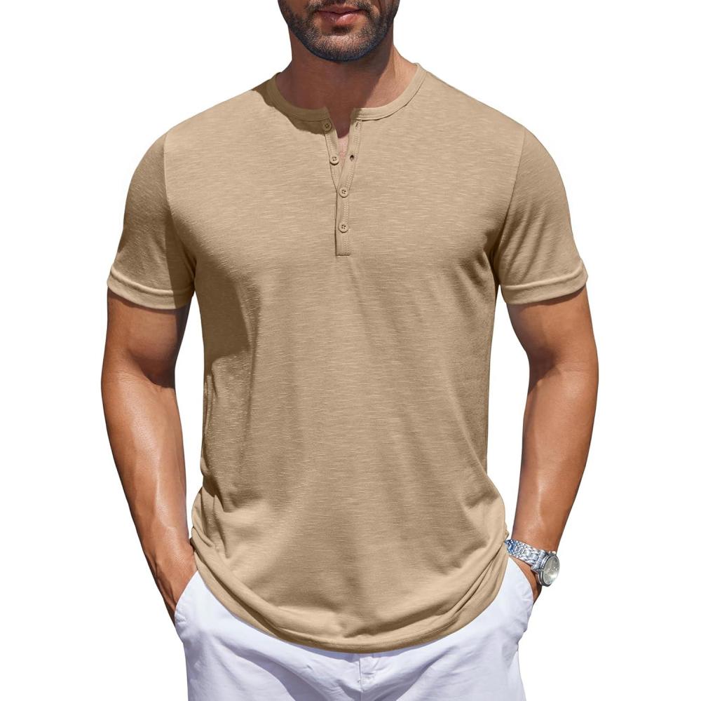 imageCOOFANDY Mens Henley Shirts Short Sleeve Collarless Button TShirt Fashion Casual Basic Tee TopsKhaki