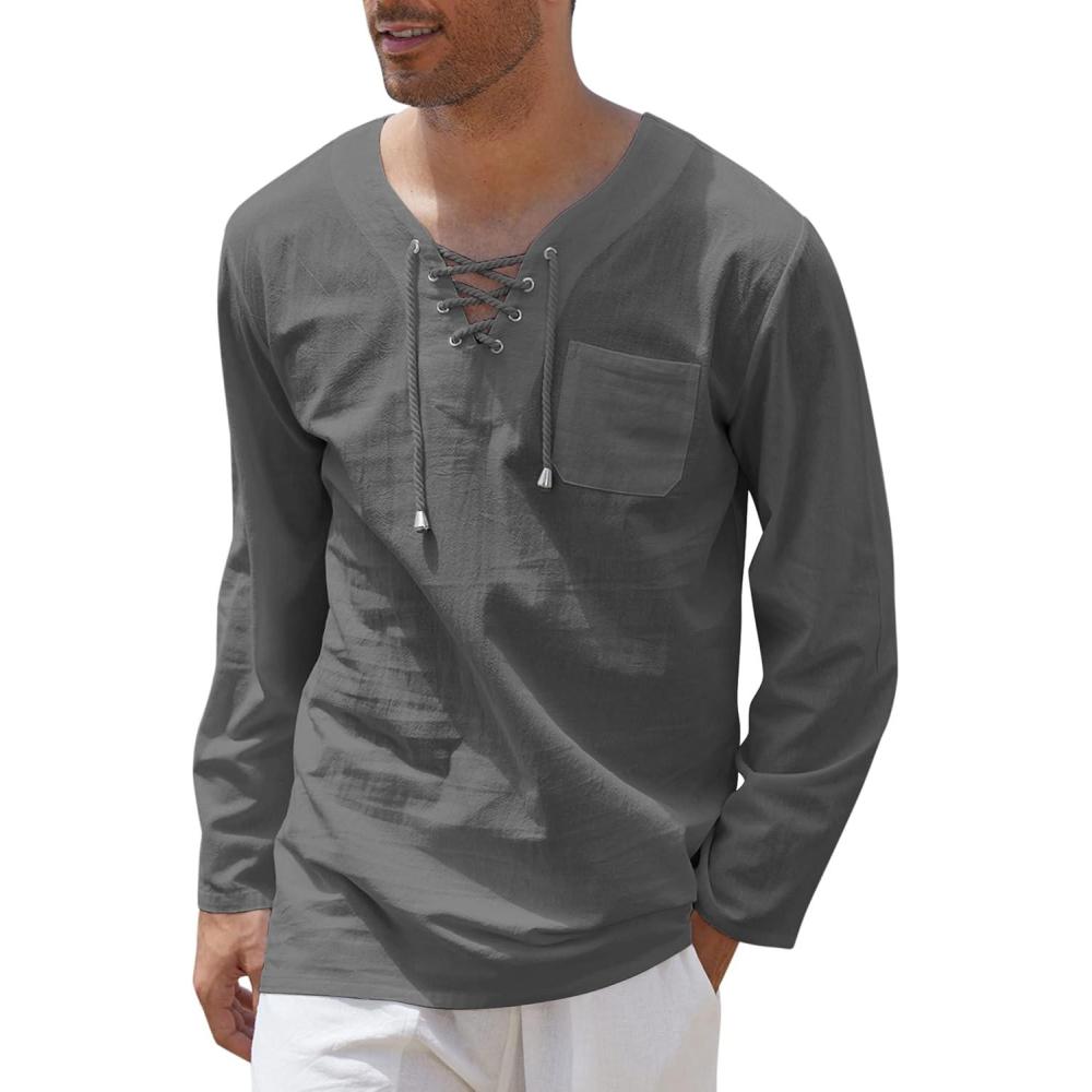 imageCOOFANDY Mens Linen Beach Tee Shirts Cotton Hippie Shirts V Neck Long Sleeve Tunic Big and Tall Yoga ShirtLong Sleevescharcoal