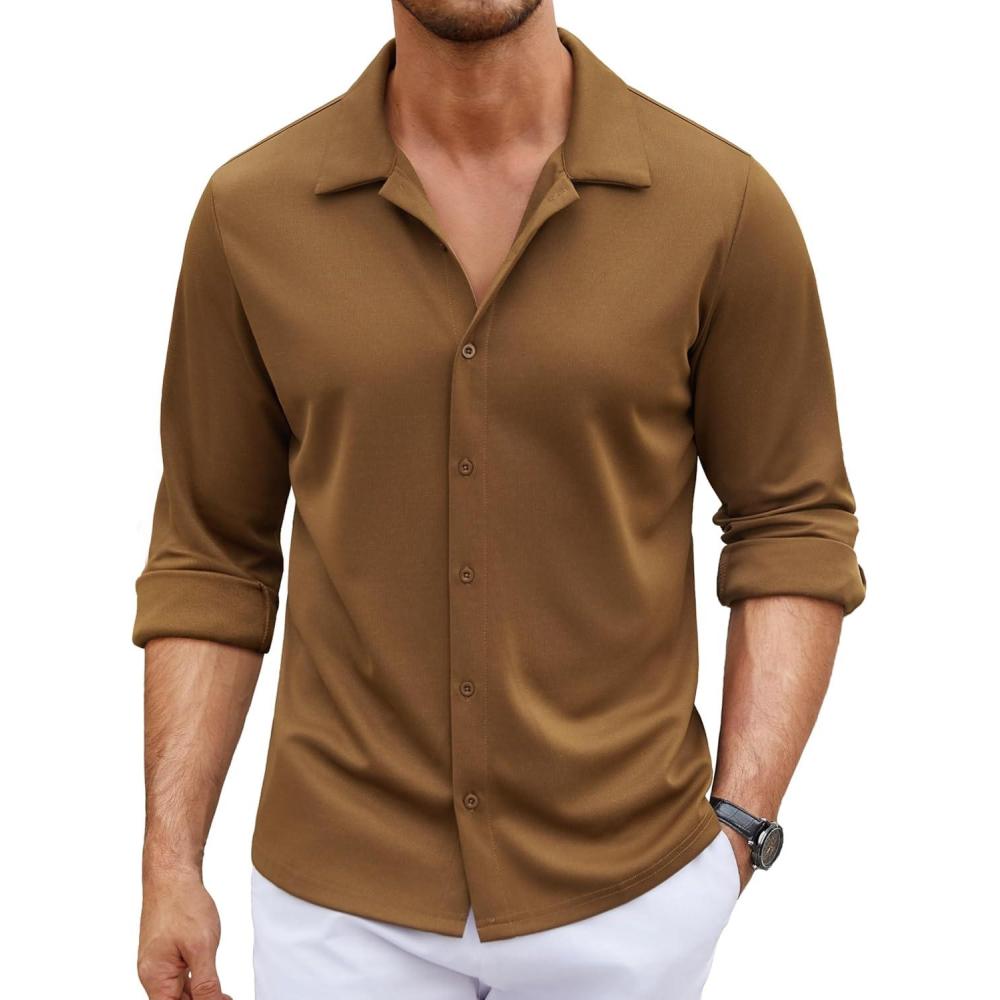 imageCOOFANDY Mens Long Sleeve Button Down Wrinkle Free Shirt Casual Untucked Stretch Dress ShirtsAcorn