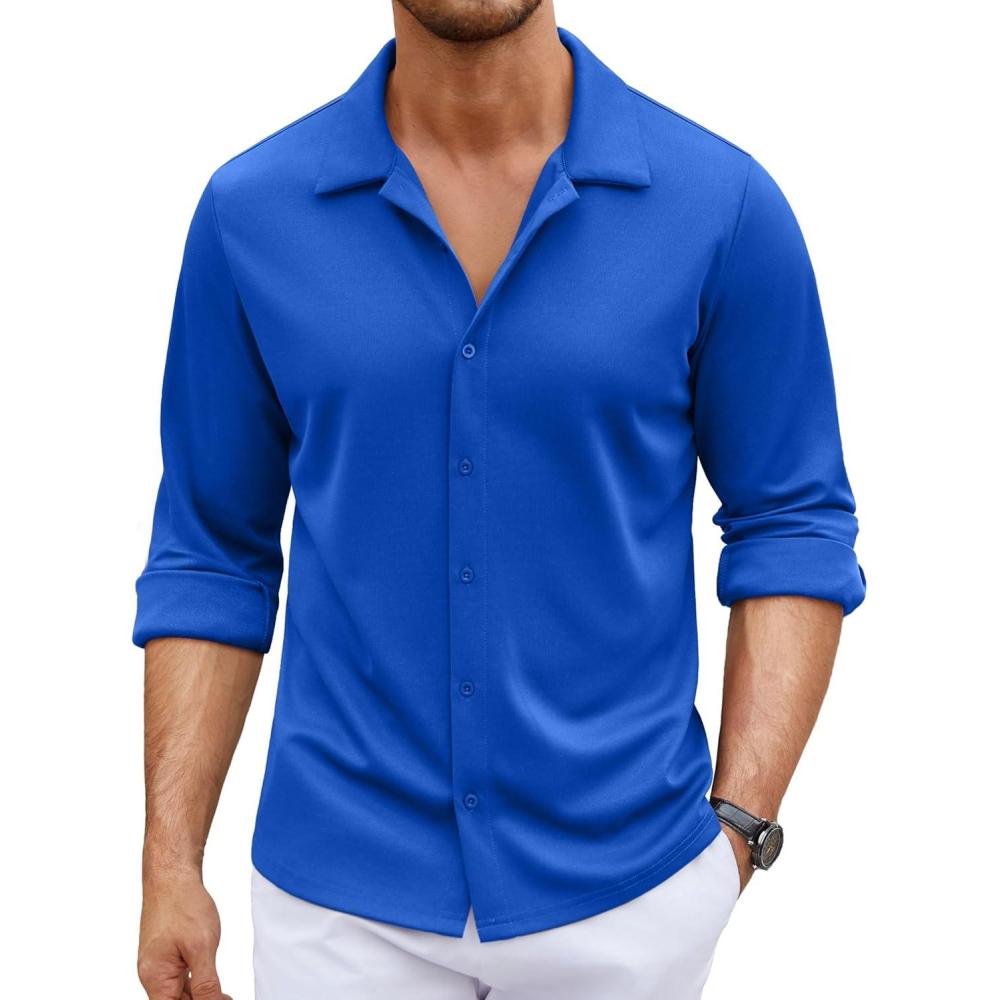 imageCOOFANDY Mens Long Sleeve Button Down Wrinkle Free Shirt Casual Untucked Stretch Dress ShirtsSnorkel Blue
