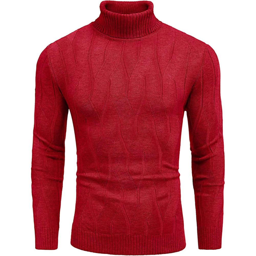 imageCOOFANDY Mens Slim Fit Turtleneck Sweater Long Sleeve Casual Knitted Pullover Sweaters01red