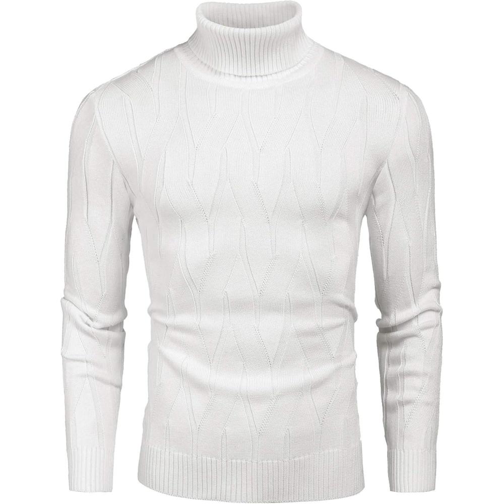 imageCOOFANDY Mens Slim Fit Turtleneck Sweater Long Sleeve Casual Knitted Pullover SweatersWhite
