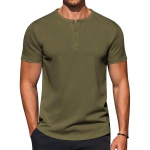 COOFANDY Men’s Casual Henley T-Shirts Summer Short Sleeve Cotton Shirts Basic Button Tee Tops(Army Green)