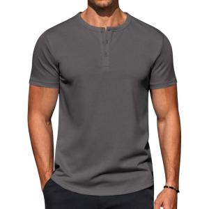 COOFANDY Men’s Casual Henley T-Shirts Summer Short Sleeve Cotton Shirts Basic Button Tee Tops(Dark Grey)