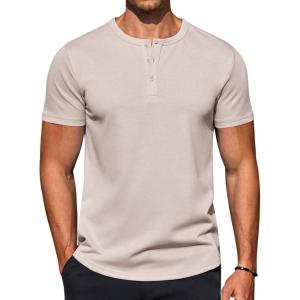 COOFANDY Men’s Casual Henley T-Shirts Summer Short Sleeve Cotton Shirts Basic Button Tee Tops(Khaki)