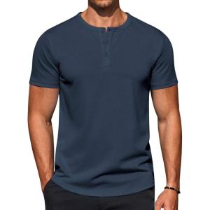 COOFANDY Men’s Casual Henley T-Shirts Summer Short Sleeve Cotton Shirts Basic Button Tee Tops(Navy Blue)