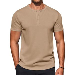 COOFANDY Men’s Casual Henley T-Shirts Summer Short Sleeve Cotton Shirts Basic Button Tee Tops(Sesame)