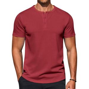 COOFANDY Men’s Casual Henley T-Shirts Summer Short Sleeve Cotton Shirts Basic Button Tee Tops(Wine Red)