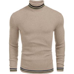 COOFANDY Mens Ribbed Slim Fit Knitted Pullover Casual Turtleneck Sweater(Khaki 2)