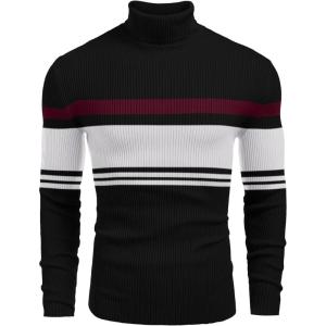 COOFANDY Mens Ribbed Slim Fit Knitted Pullover Casual Turtleneck Sweater(Striped-white & Red)