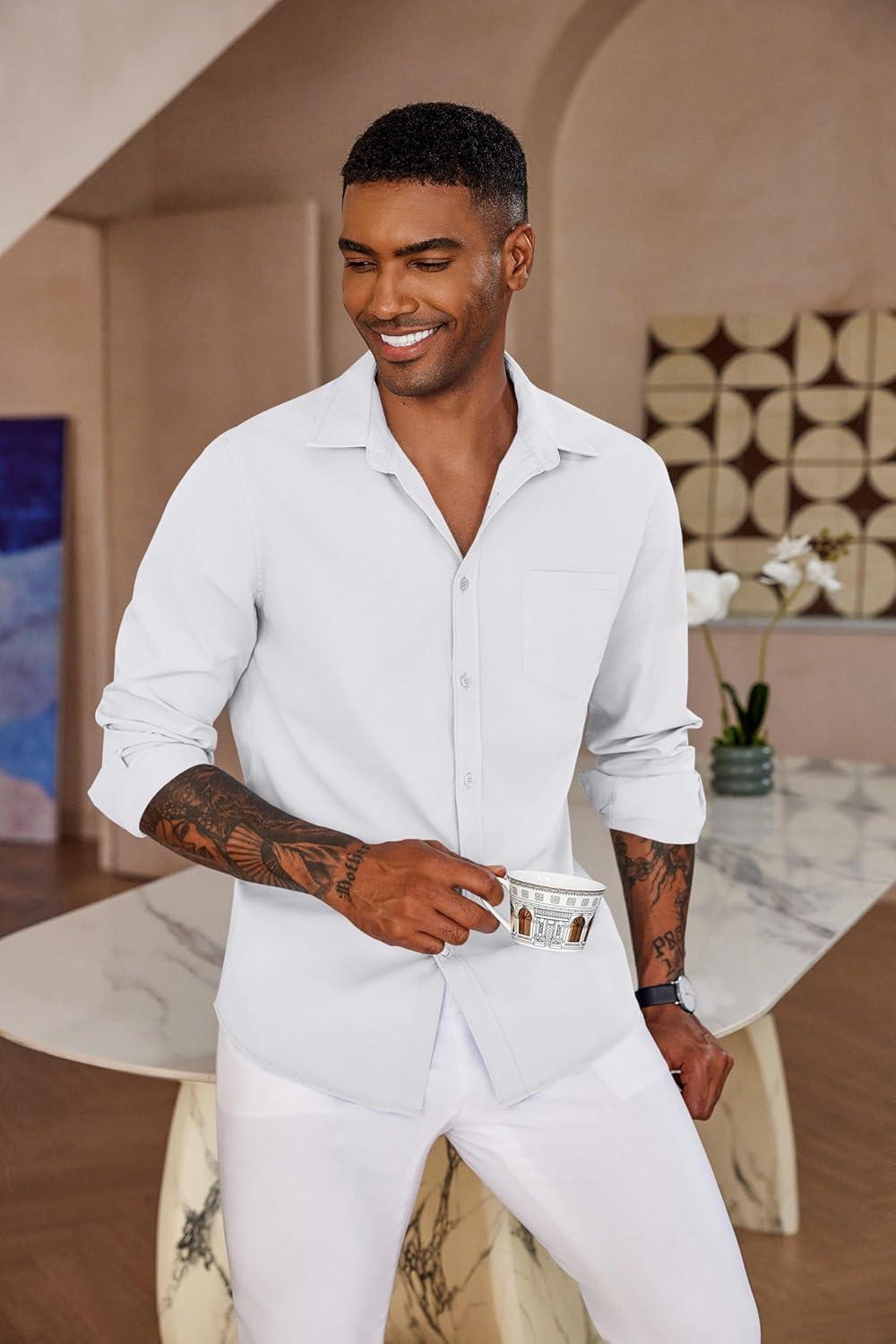 imageCOOFANDY Mens Button Down Long Sleeve Shirt Casual Untucked Dress Shirt Regular Fit Wedding ShirtsWhite