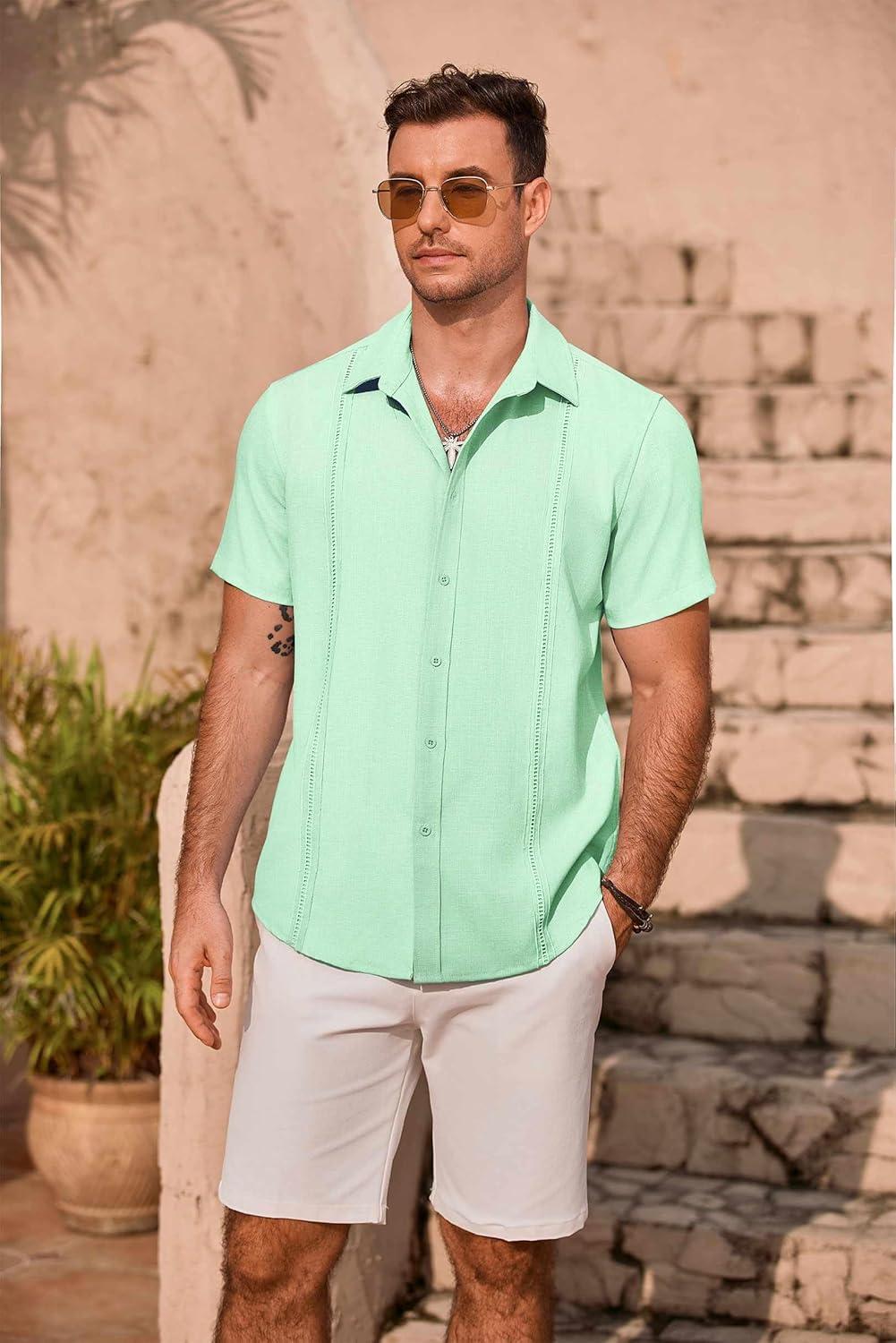 imageCOOFANDY Mens Cuban Guayabera Summer Beach Short Sleeve Casual Vacation Wedding ShirtIce Green