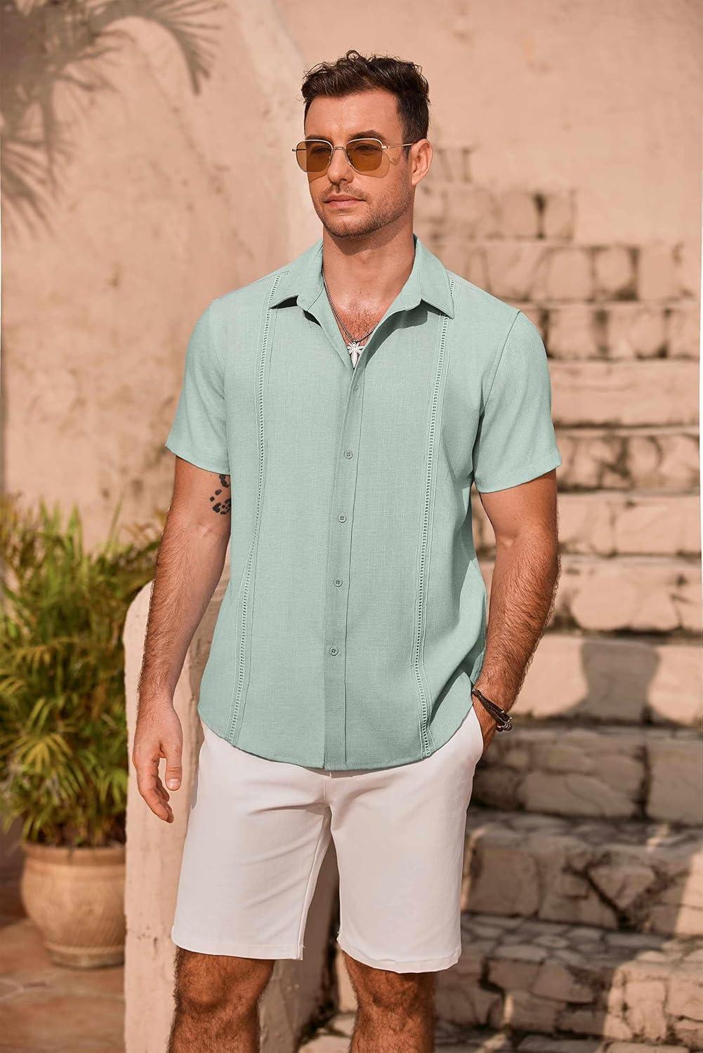 imageCOOFANDY Mens Cuban Guayabera Summer Beach Short Sleeve Casual Vacation Wedding ShirtLight Green
