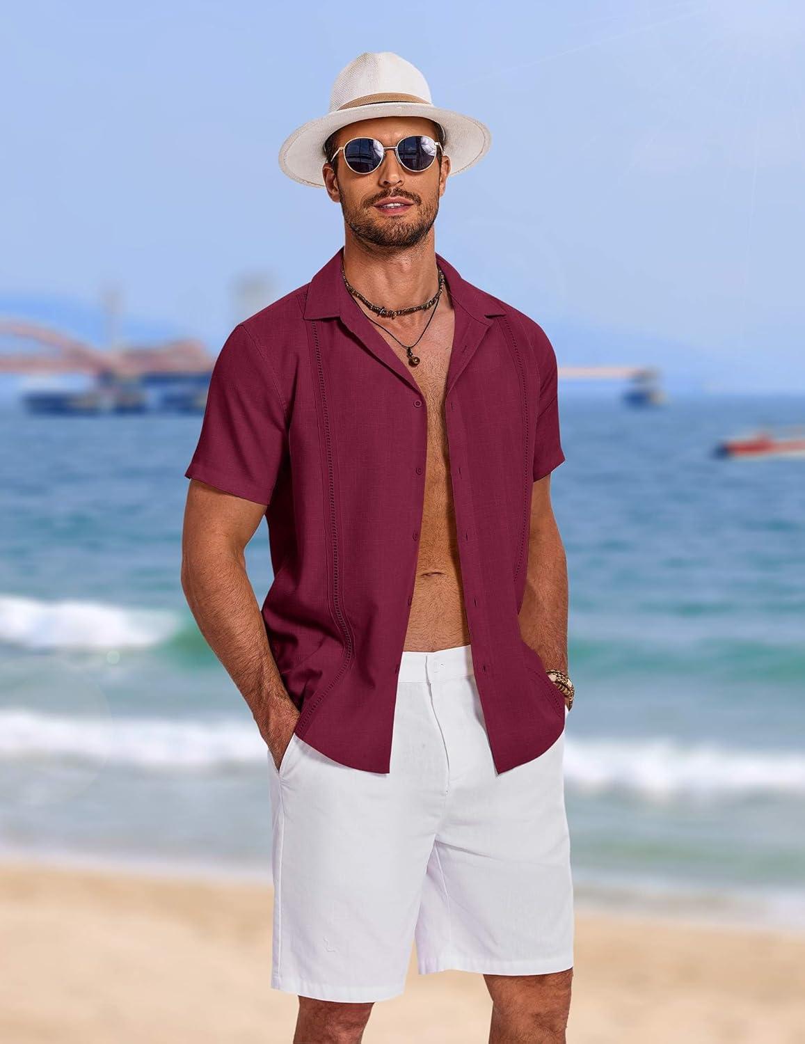 imageCOOFANDY Mens Cuban Guayabera Summer Beach Short Sleeve Casual Vacation Wedding ShirtWine Red