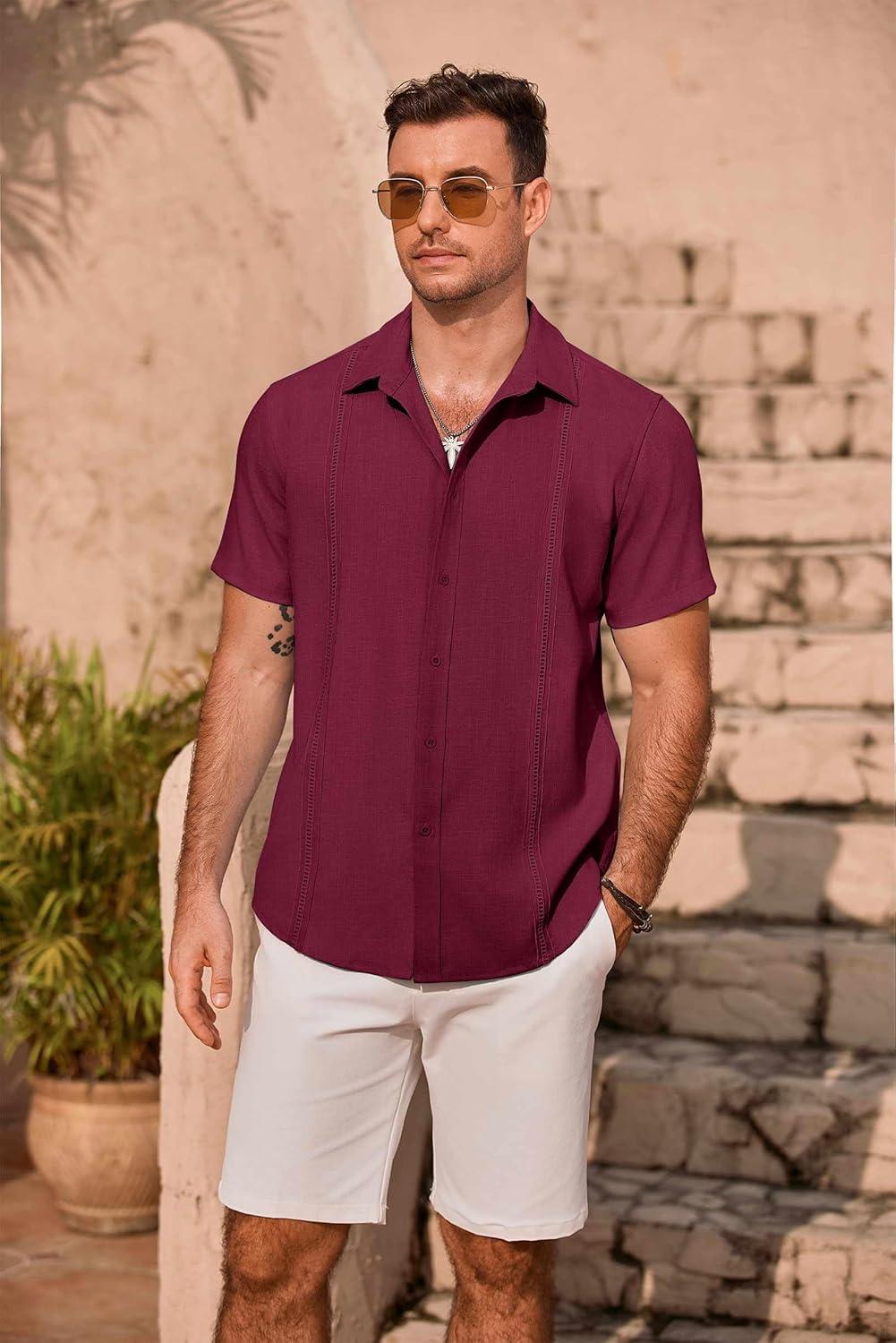 imageCOOFANDY Mens Cuban Guayabera Summer Beach Short Sleeve Casual Vacation Wedding ShirtWine Red