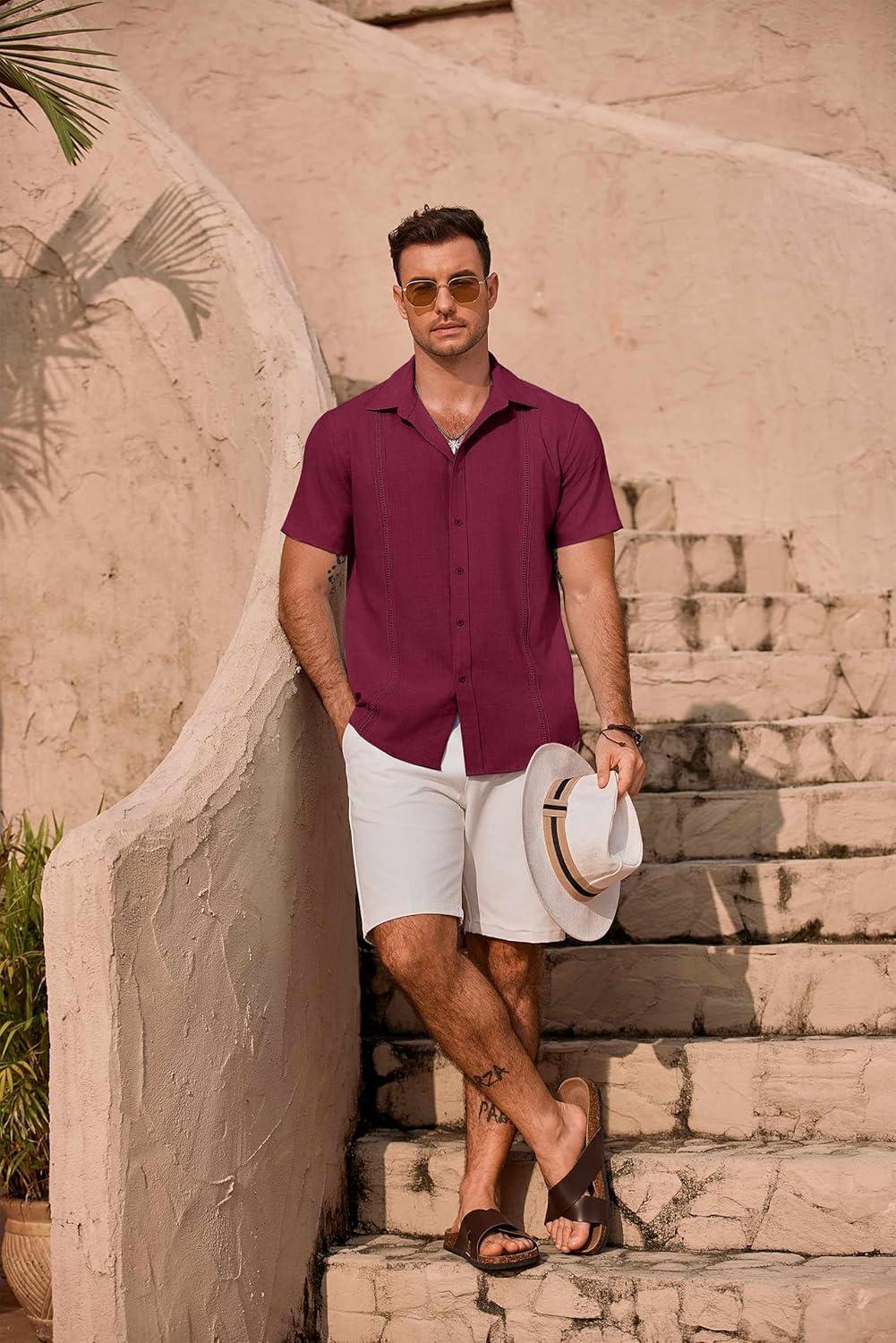 imageCOOFANDY Mens Cuban Guayabera Summer Beach Short Sleeve Casual Vacation Wedding ShirtWine Red