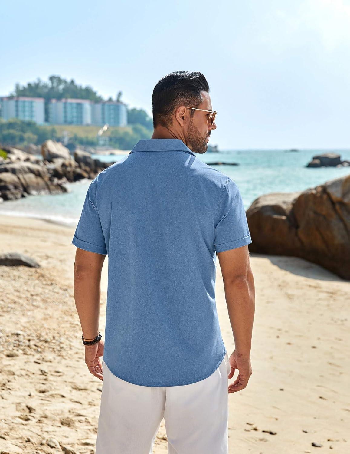 imageCOOFANDY Mens Short Sleeve Button Down Shirt Casual Summer Beach Untucked Vacation Textured Shirts with PocketBlue