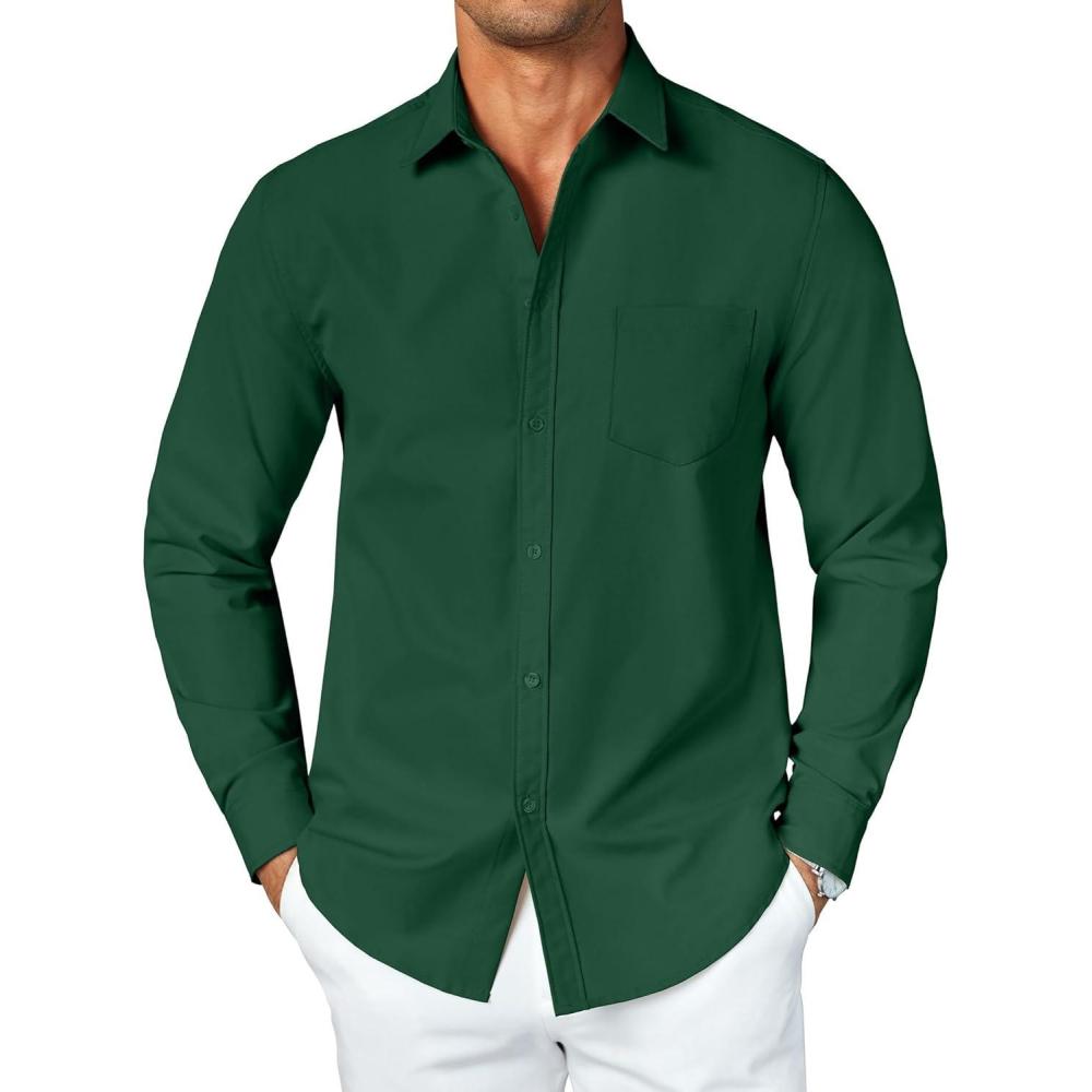imageCOOFANDY Mens Button Down Long Sleeve Shirt Casual Untucked Dress Shirt Regular Fit Wedding ShirtsEvergreen