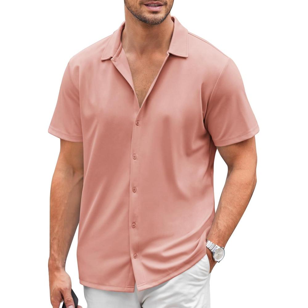 imageCOOFANDY Mens Casual Button Down Shirt Short Sleeve Wrinkle Free Shirts Summer ShirtOrange Pink