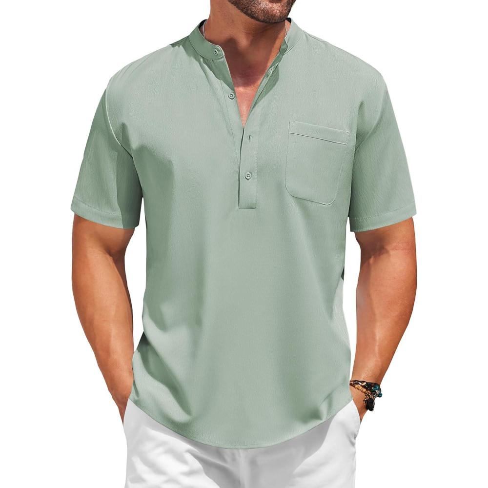 imageCOOFANDY Mens Casual Henley Shirt Short Sleeve Summer Beach Band Collar Shirt Hippie Henley TShirts with PocketLight Green