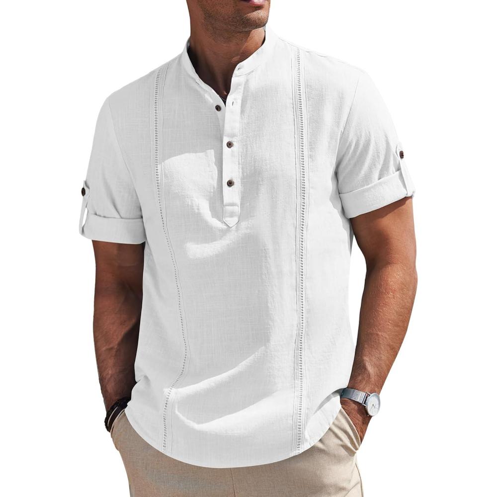 imageCOOFANDY Mens Cotton Linen Henley Shirt Short Sleeve Hippie Casual Band Collar Summer Beach TShirtsAwhite