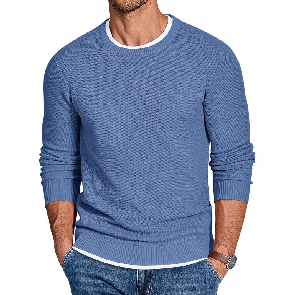 imageCOOFANDY Mens Crewneck Sweater Slim Fit Lightweight Knit Pullover Casual Dress Crew Neck Pullover SweatersBlue
