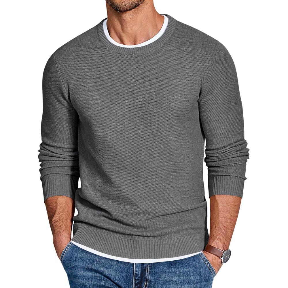 imageCOOFANDY Mens Crewneck Sweater Slim Fit Lightweight Knit Pullover Casual Dress Crew Neck Pullover SweatersDark Grey