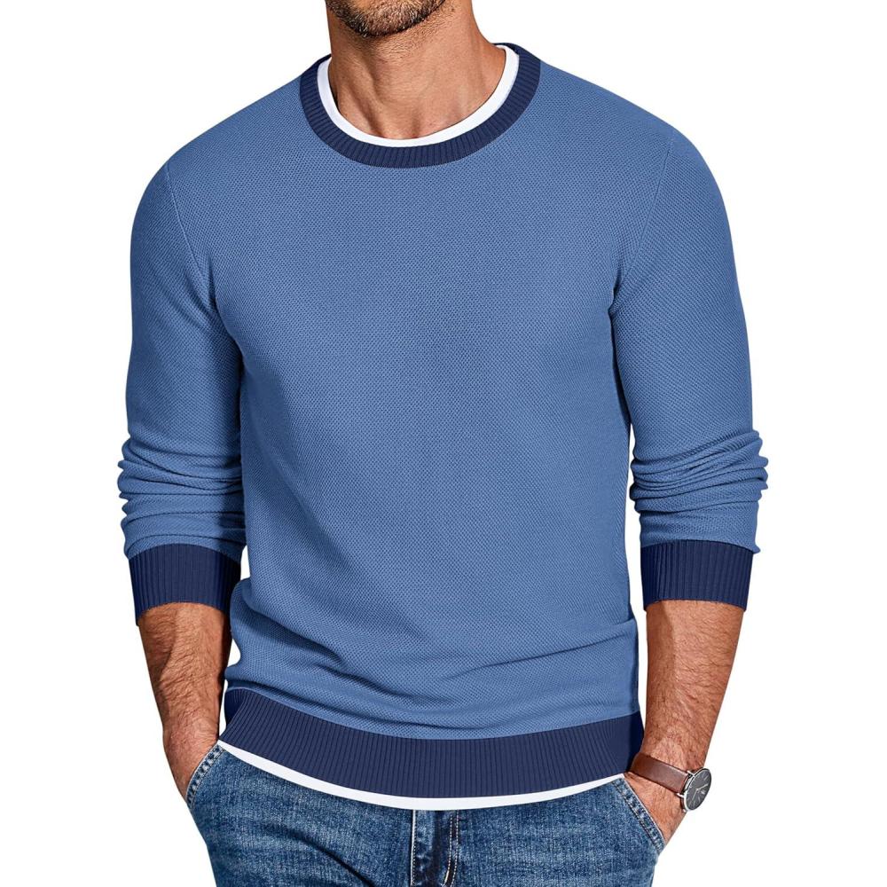 imageCOOFANDY Mens Crewneck Sweater Slim Fit Lightweight Knit Pullover Casual Dress Crew Neck Pullover SweatersDenim Blue  Navy Blue Edge