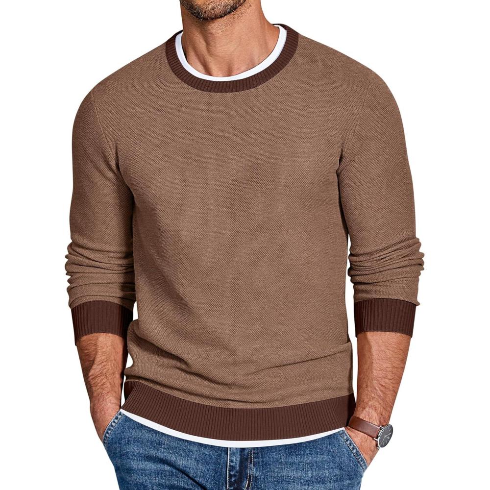 imageCOOFANDY Mens Crewneck Sweater Slim Fit Lightweight Knit Pullover Casual Dress Crew Neck Pullover SweatersLight Brown  Dark Brown Edge